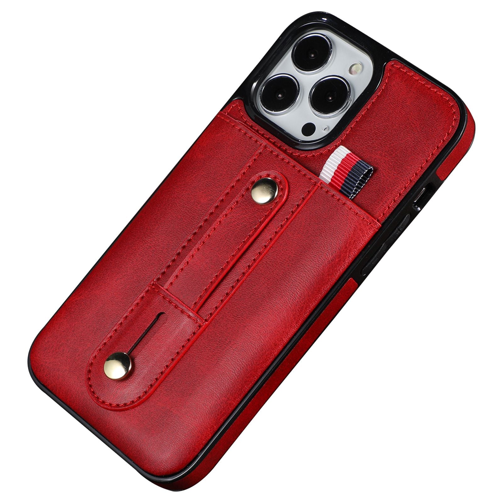 For iPhone 13 Pro 6.1 inch PU Leather Coated TPU Phone Shell Card Slot Grip Strap Kickstand Protective Cover