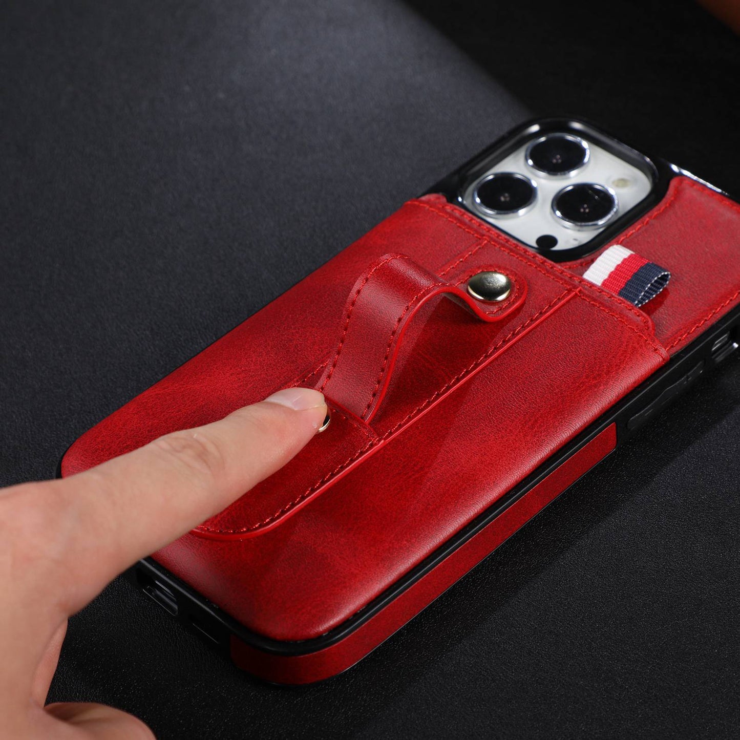 For iPhone 13 Pro 6.1 inch PU Leather Coated TPU Phone Shell Card Slot Grip Strap Kickstand Protective Cover