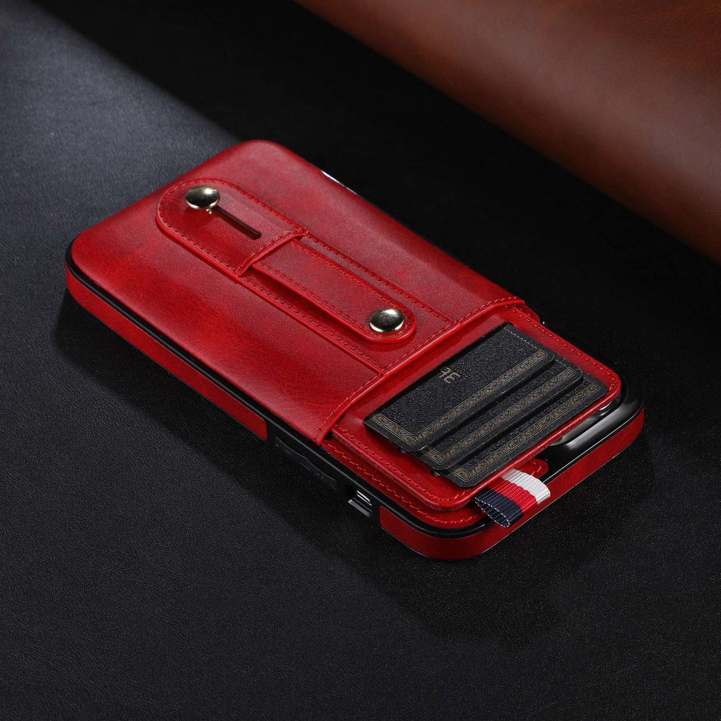 For iPhone 13 Pro 6.1 inch PU Leather Coated TPU Phone Shell Card Slot Grip Strap Kickstand Protective Cover