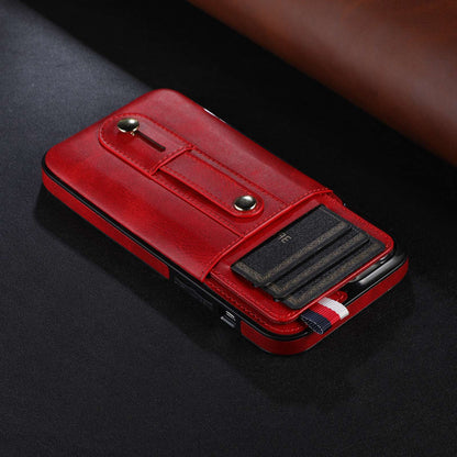 For iPhone 13 Pro 6.1 inch PU Leather Coated TPU Phone Shell Card Slot Grip Strap Kickstand Protective Cover