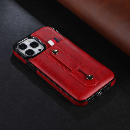 For iPhone 13 Pro 6.1 inch PU Leather Coated TPU Phone Shell Card Slot Grip Strap Kickstand Protective Cover