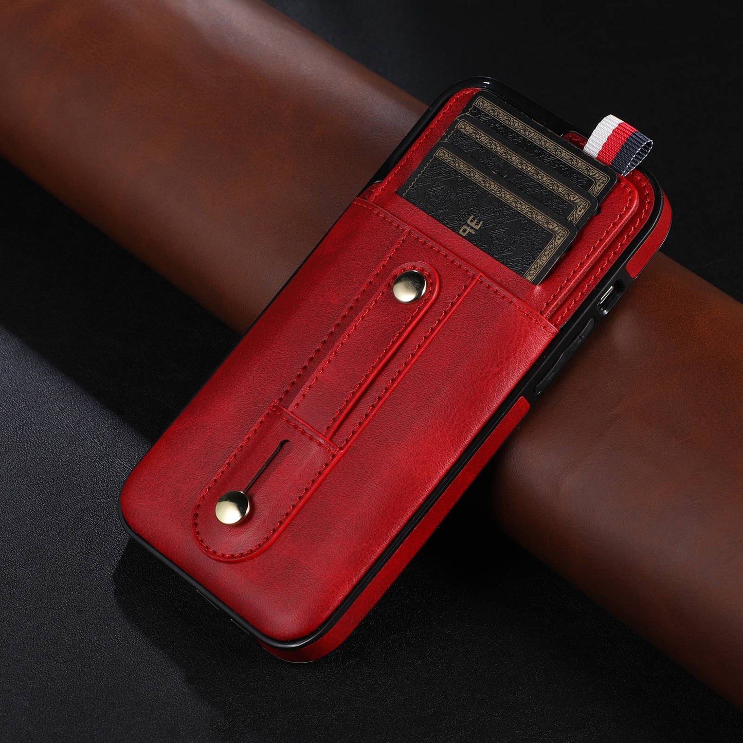 For iPhone 13 Pro 6.1 inch PU Leather Coated TPU Phone Shell Card Slot Grip Strap Kickstand Protective Cover
