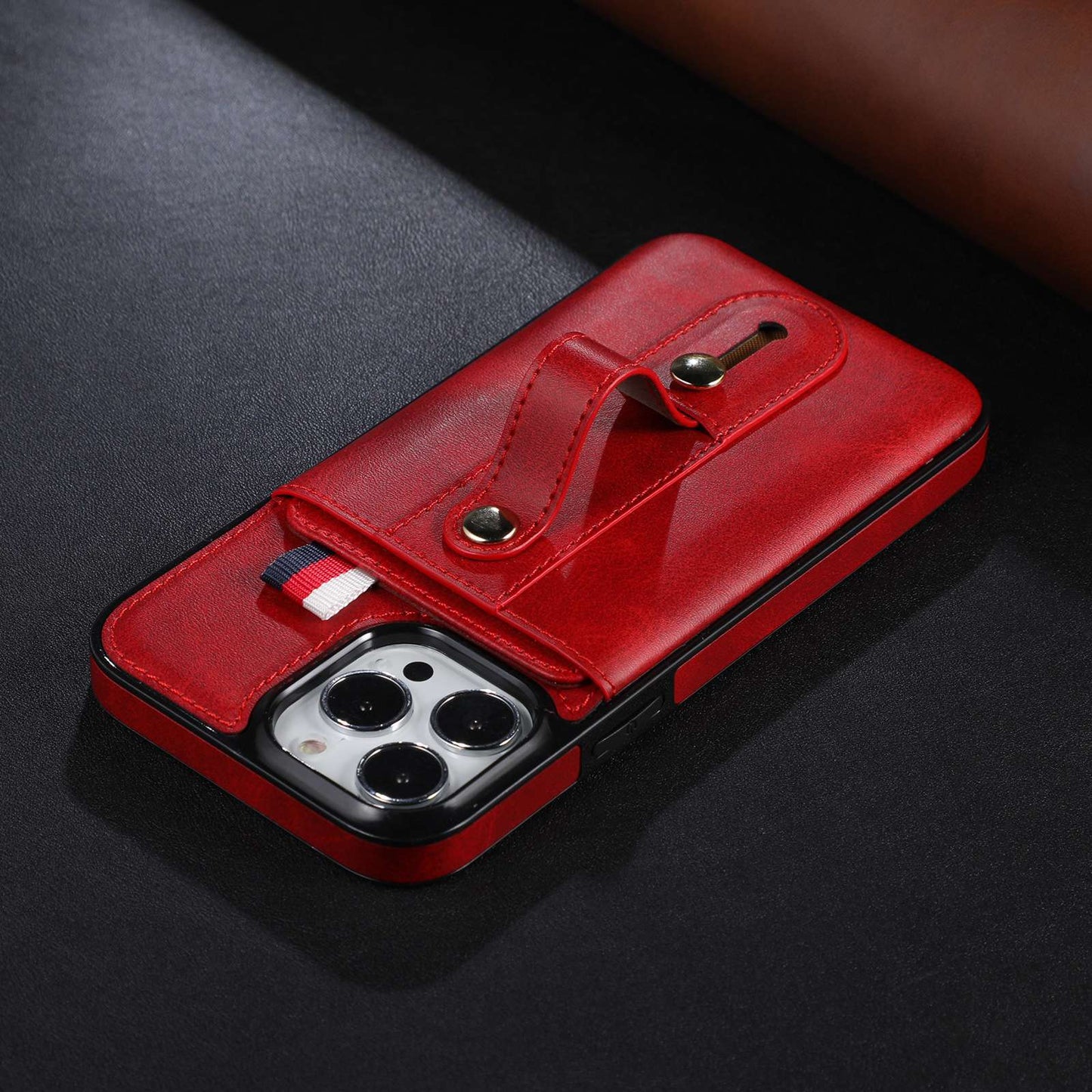 For iPhone 13 Pro 6.1 inch PU Leather Coated TPU Phone Shell Card Slot Grip Strap Kickstand Protective Cover