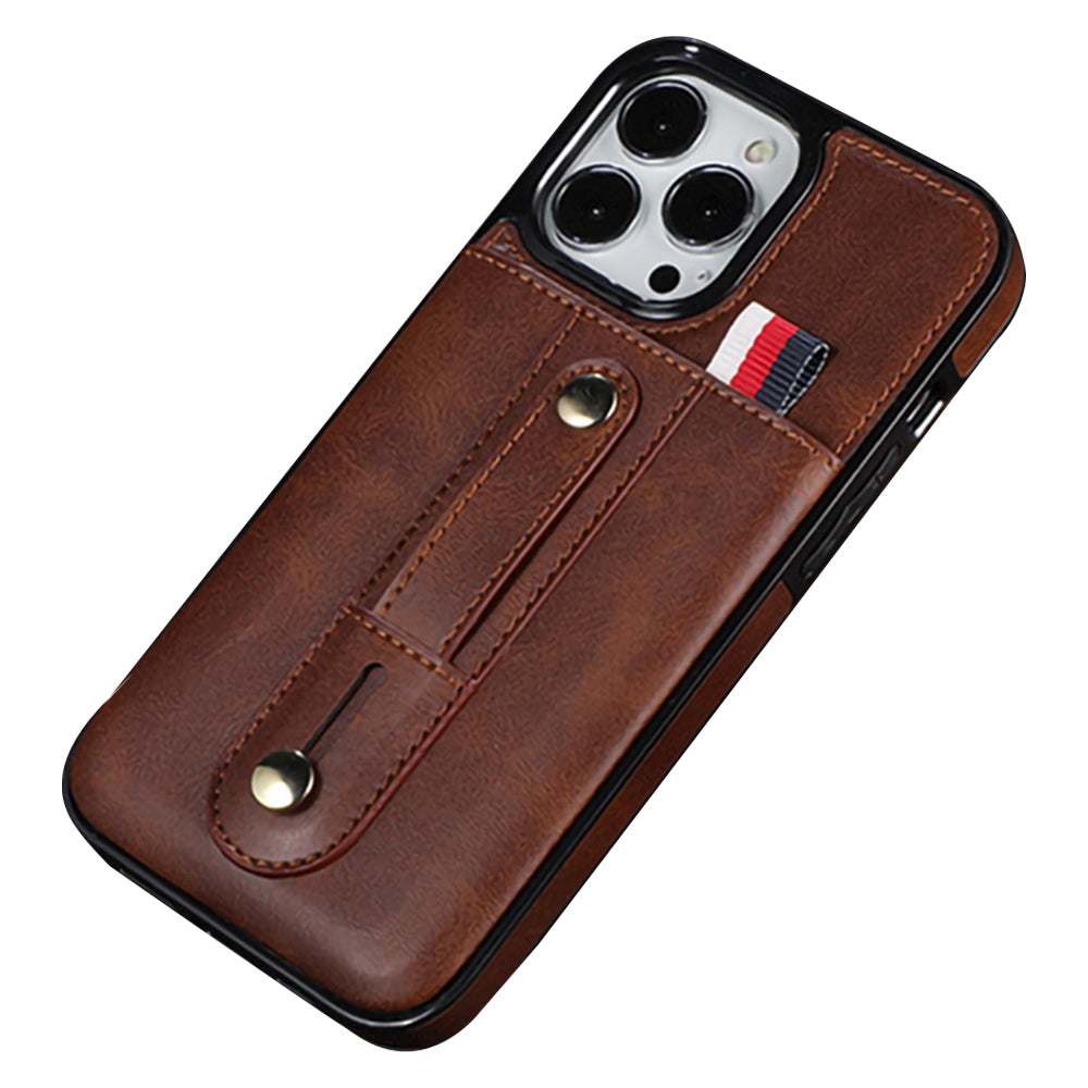 For iPhone 13 Pro 6.1 inch PU Leather Coated TPU Phone Shell Card Slot Grip Strap Kickstand Protective Cover