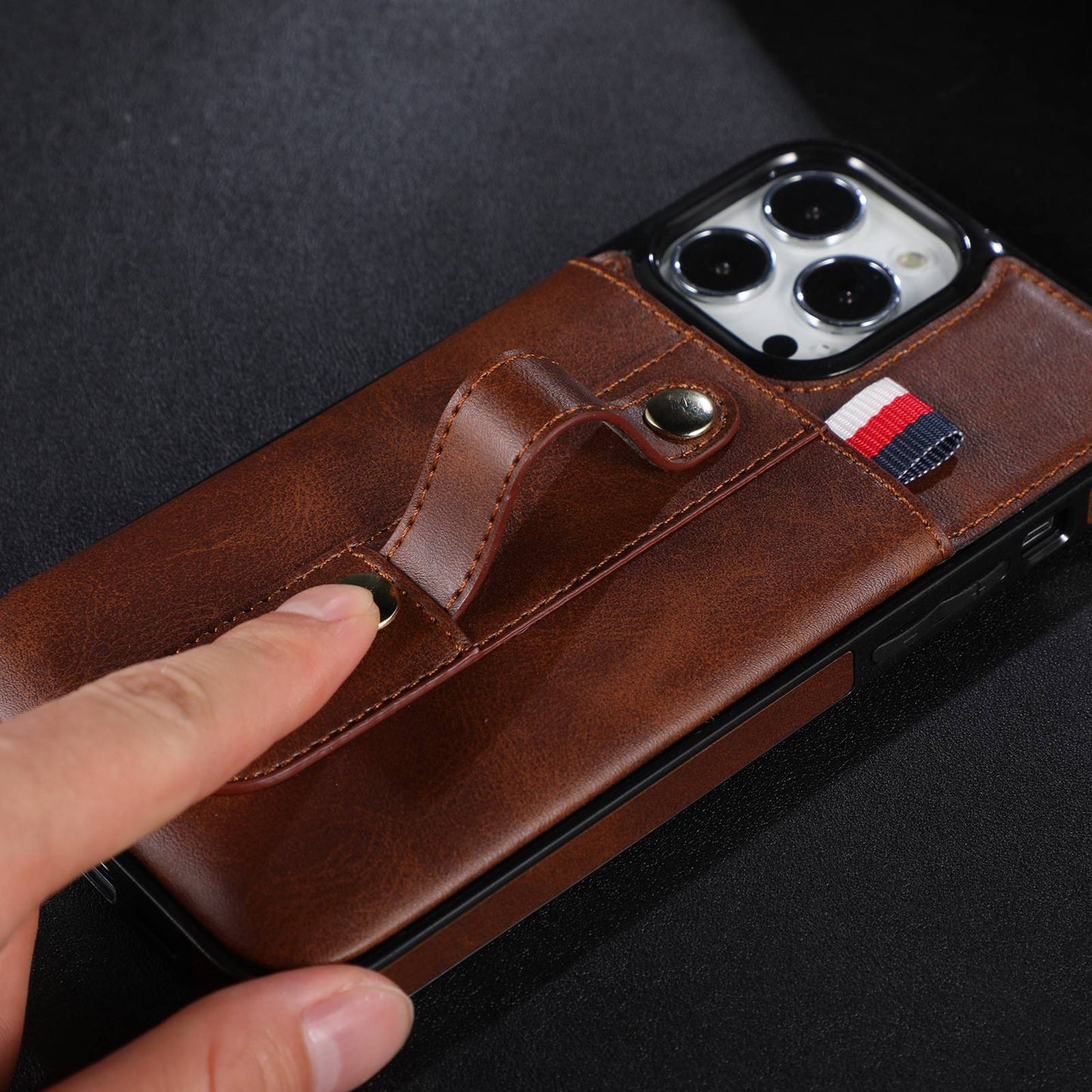 For iPhone 13 Pro 6.1 inch PU Leather Coated TPU Phone Shell Card Slot Grip Strap Kickstand Protective Cover