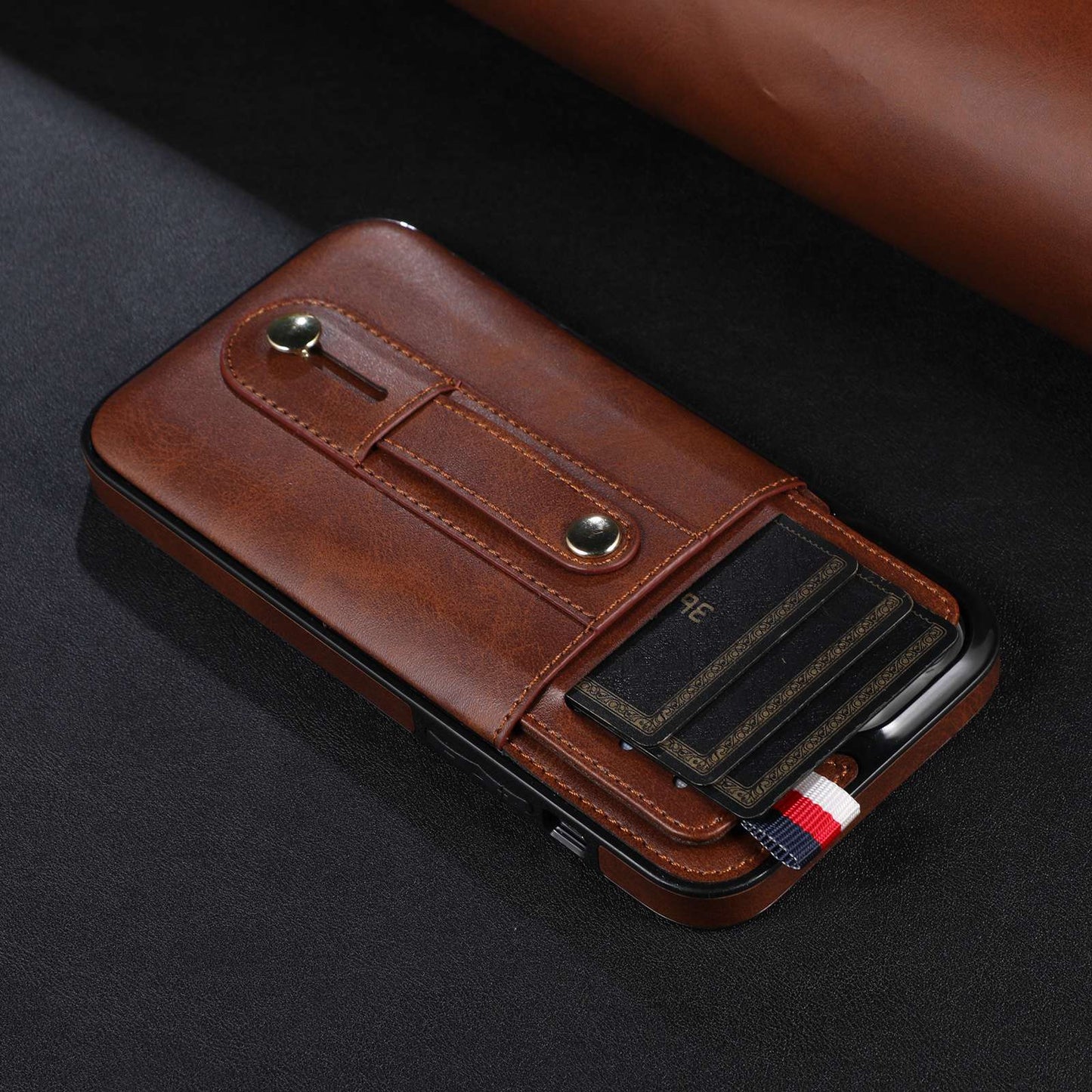 For iPhone 13 Pro 6.1 inch PU Leather Coated TPU Phone Shell Card Slot Grip Strap Kickstand Protective Cover