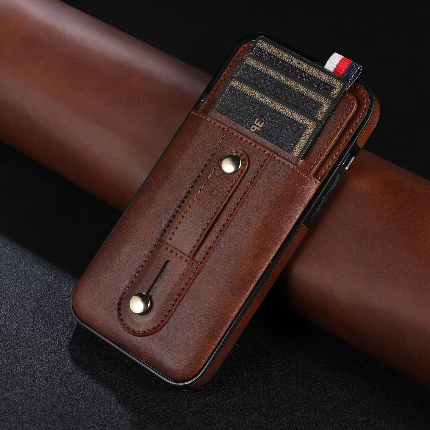 For iPhone 13 Pro 6.1 inch PU Leather Coated TPU Phone Shell Card Slot Grip Strap Kickstand Protective Cover