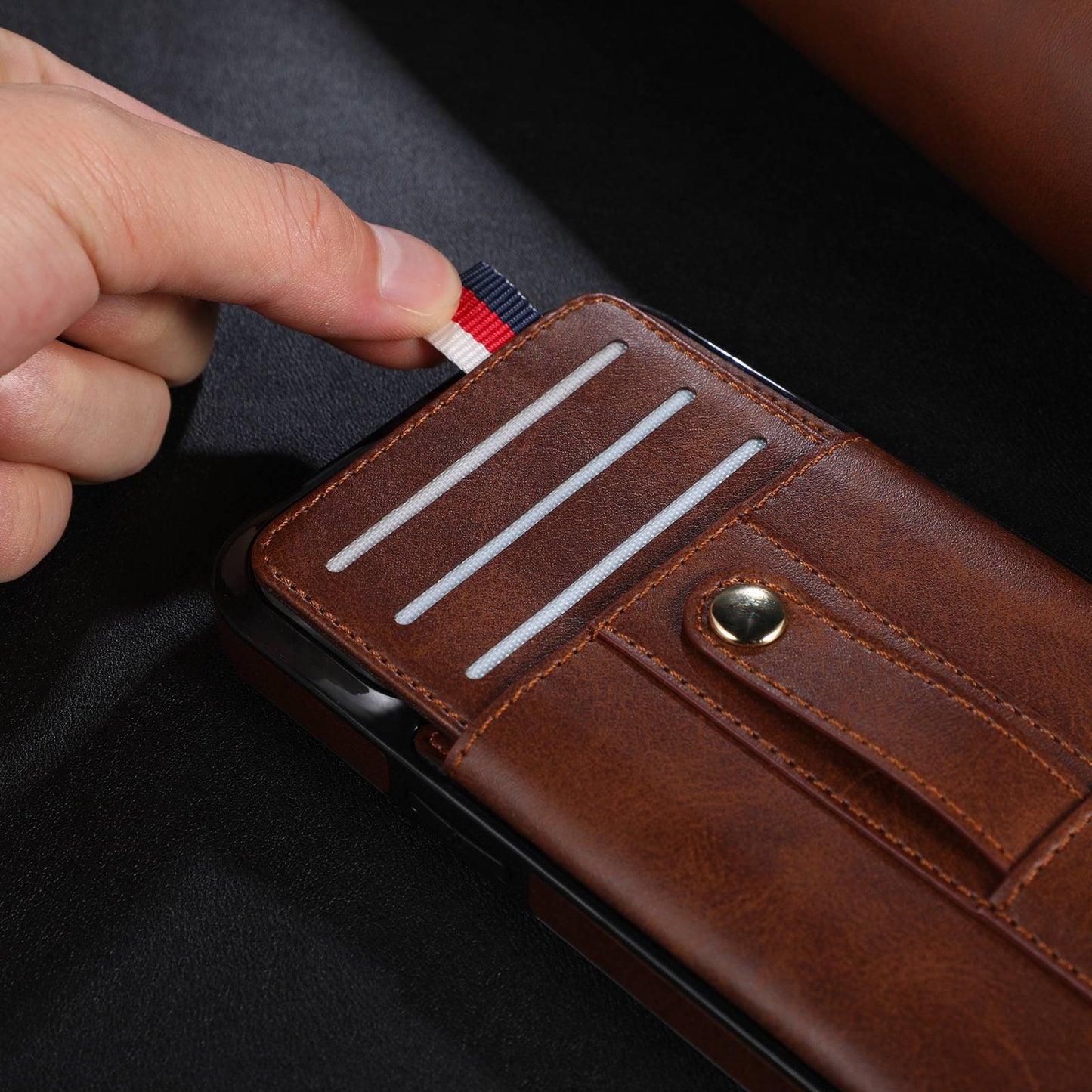 For iPhone 13 Pro 6.1 inch PU Leather Coated TPU Phone Shell Card Slot Grip Strap Kickstand Protective Cover
