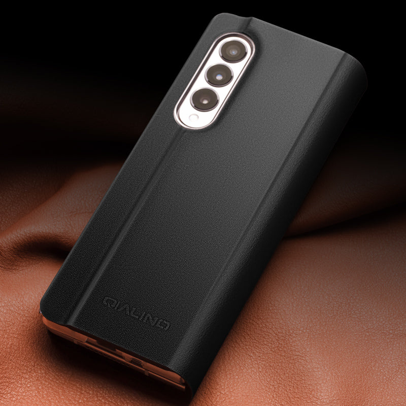 QIALINO For Samsung Galaxy Z Fold3 5G Genuine Leather Anti-drop Phone Case Foldable Stand Card Holder Full Protection Cover
