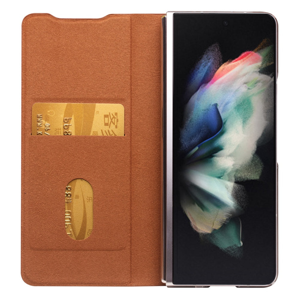 QIALINO For Samsung Galaxy Z Fold3 5G Genuine Leather Anti-drop Phone Case Foldable Stand Card Holder Full Protection Cover