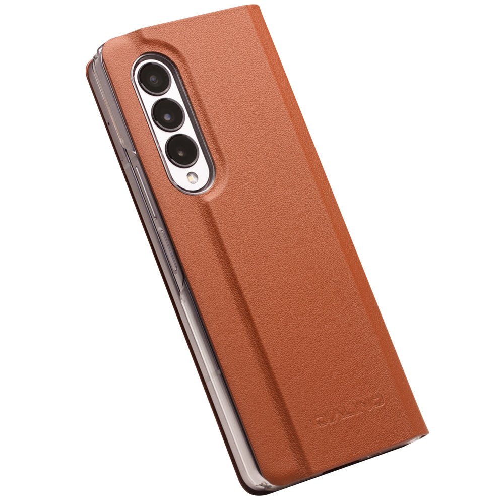 QIALINO For Samsung Galaxy Z Fold3 5G Genuine Leather Anti-drop Phone Case Foldable Stand Card Holder Full Protection Cover
