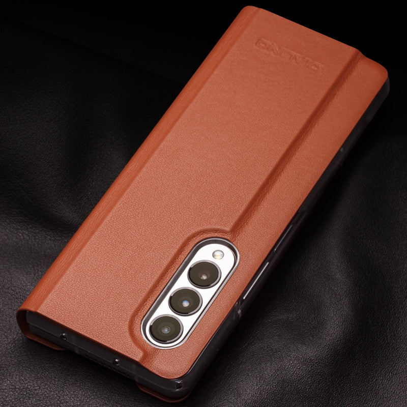 QIALINO For Samsung Galaxy Z Fold3 5G Genuine Leather Anti-drop Phone Case Foldable Stand Card Holder Full Protection Cover