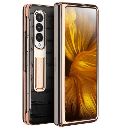 QIALINO For Samsung Galaxy Z Fold3 5G Crocodile Texture Genuine Leather + PC Kickstand Cover Electroplating Phone Case with Tempered Glass Screen Protector