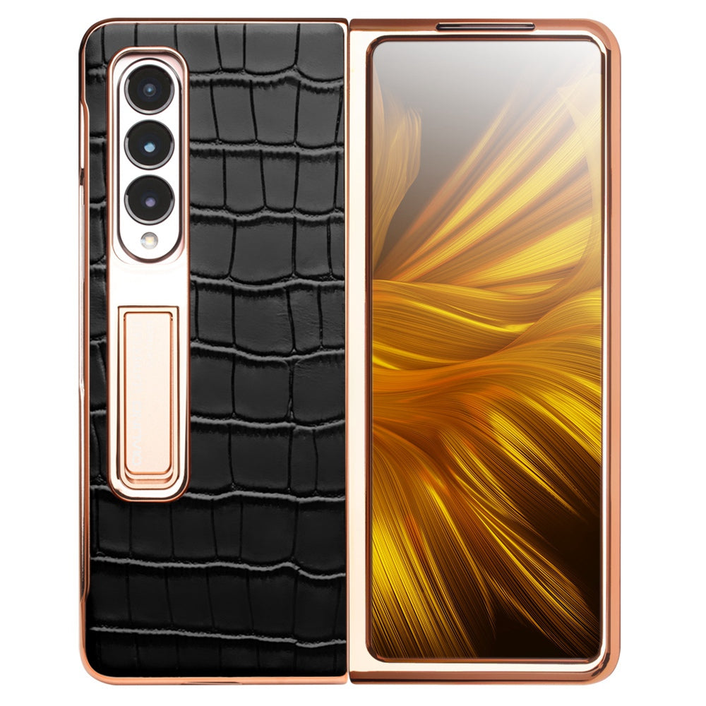 QIALINO For Samsung Galaxy Z Fold3 5G Crocodile Texture Genuine Leather + PC Kickstand Cover Electroplating Phone Case with Tempered Glass Screen Protector
