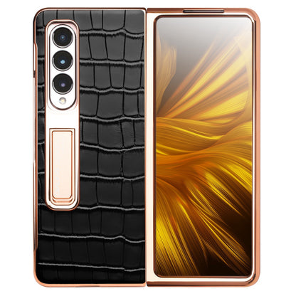 QIALINO For Samsung Galaxy Z Fold3 5G Crocodile Texture Genuine Leather + PC Kickstand Cover Electroplating Phone Case with Tempered Glass Screen Protector