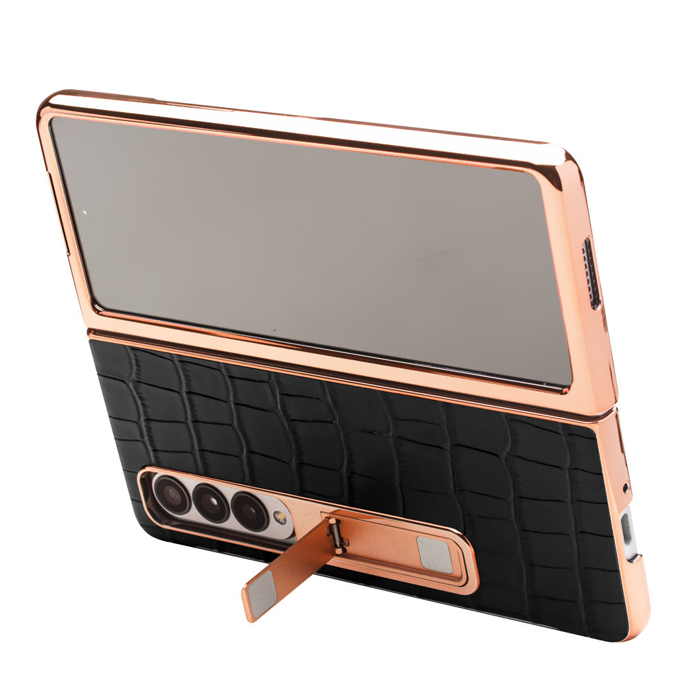 QIALINO For Samsung Galaxy Z Fold3 5G Crocodile Texture Genuine Leather + PC Kickstand Cover Electroplating Phone Case with Tempered Glass Screen Protector