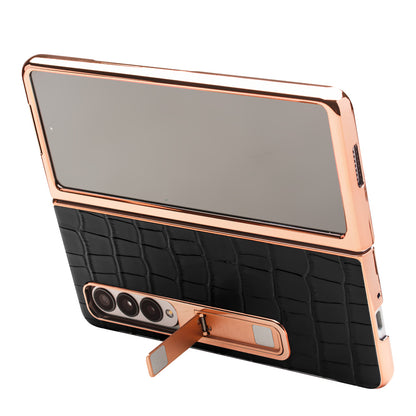 QIALINO For Samsung Galaxy Z Fold3 5G Crocodile Texture Genuine Leather + PC Kickstand Cover Electroplating Phone Case with Tempered Glass Screen Protector