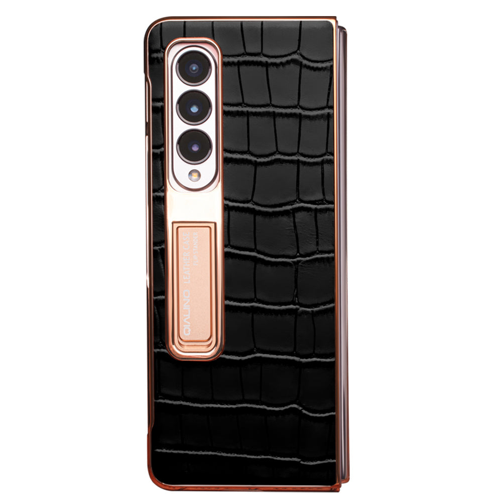 QIALINO For Samsung Galaxy Z Fold3 5G Crocodile Texture Genuine Leather + PC Kickstand Cover Electroplating Phone Case with Tempered Glass Screen Protector