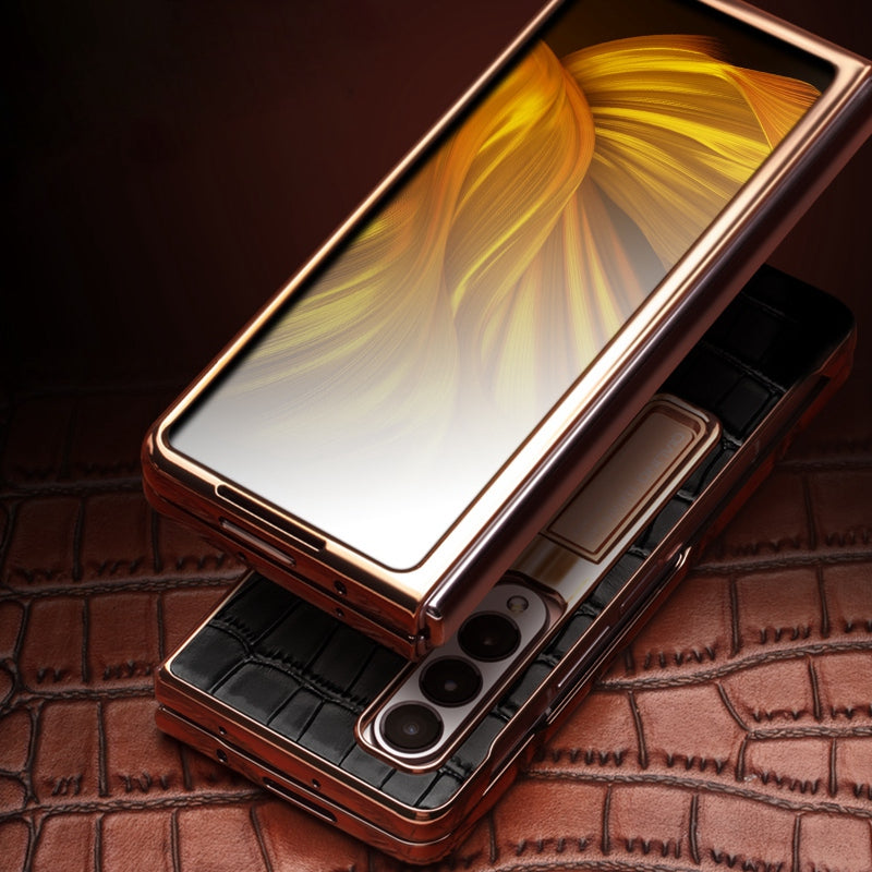 QIALINO For Samsung Galaxy Z Fold3 5G Crocodile Texture Genuine Leather + PC Kickstand Cover Electroplating Phone Case with Tempered Glass Screen Protector