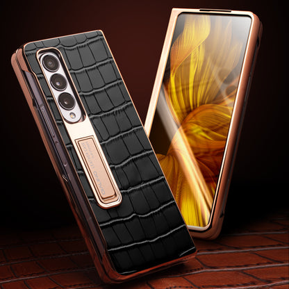 QIALINO For Samsung Galaxy Z Fold3 5G Crocodile Texture Genuine Leather + PC Kickstand Cover Electroplating Phone Case with Tempered Glass Screen Protector