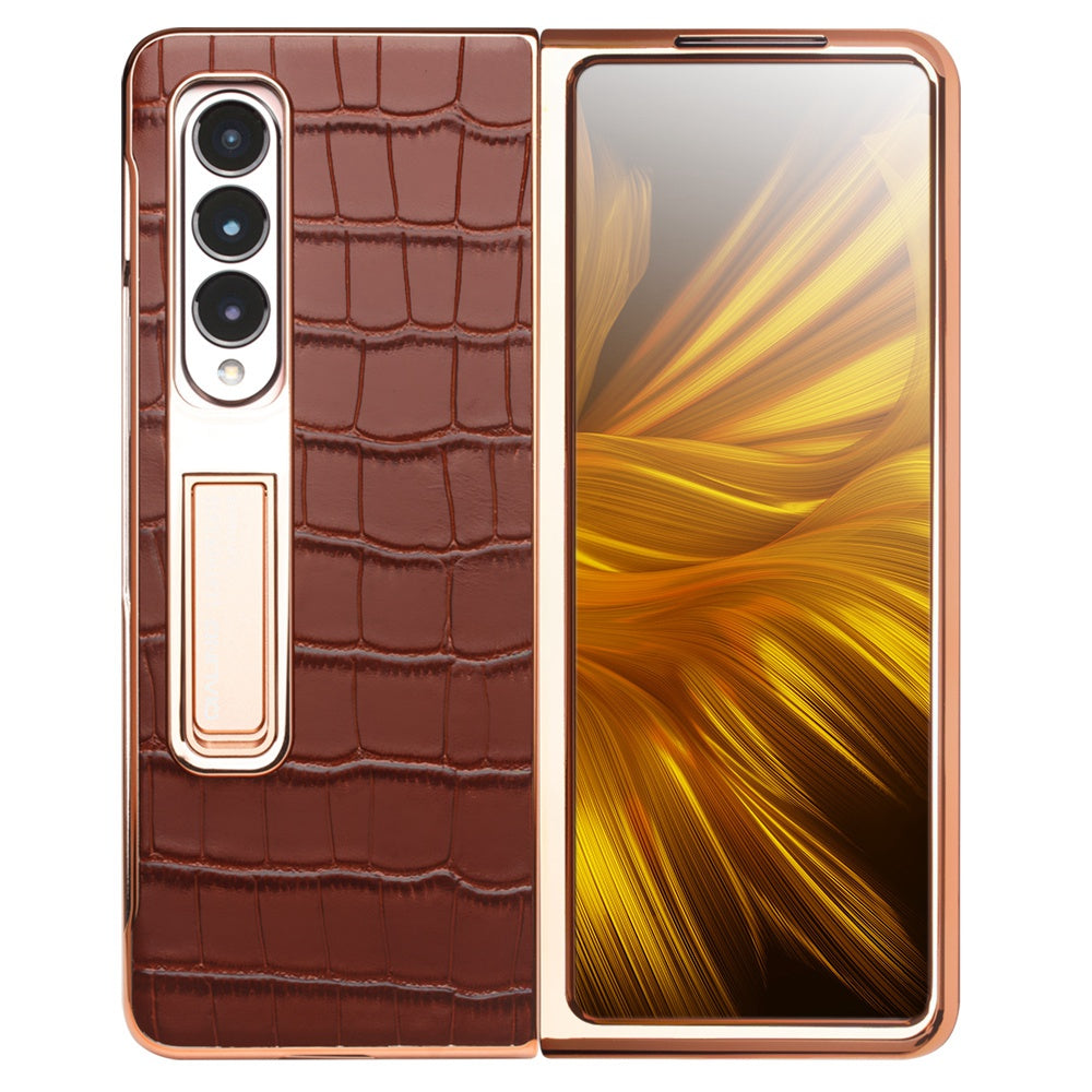 QIALINO For Samsung Galaxy Z Fold3 5G Crocodile Texture Genuine Leather + PC Kickstand Cover Electroplating Phone Case with Tempered Glass Screen Protector