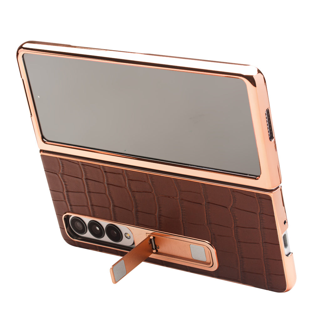 QIALINO For Samsung Galaxy Z Fold3 5G Crocodile Texture Genuine Leather + PC Kickstand Cover Electroplating Phone Case with Tempered Glass Screen Protector