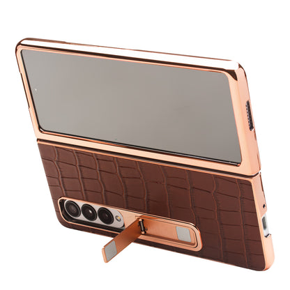 QIALINO For Samsung Galaxy Z Fold3 5G Crocodile Texture Genuine Leather + PC Kickstand Cover Electroplating Phone Case with Tempered Glass Screen Protector