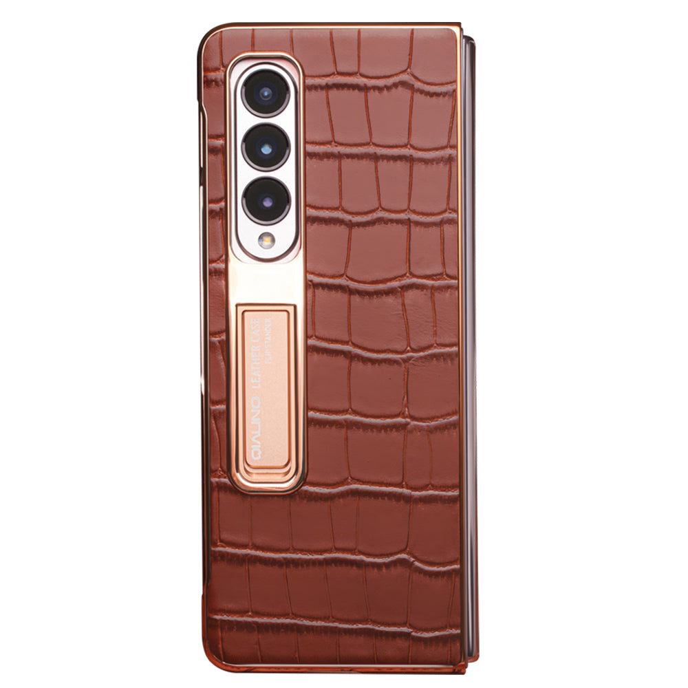 QIALINO For Samsung Galaxy Z Fold3 5G Crocodile Texture Genuine Leather + PC Kickstand Cover Electroplating Phone Case with Tempered Glass Screen Protector