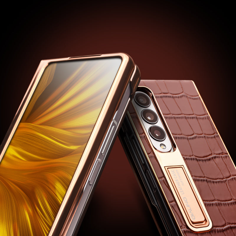 QIALINO For Samsung Galaxy Z Fold3 5G Crocodile Texture Genuine Leather + PC Kickstand Cover Electroplating Phone Case with Tempered Glass Screen Protector