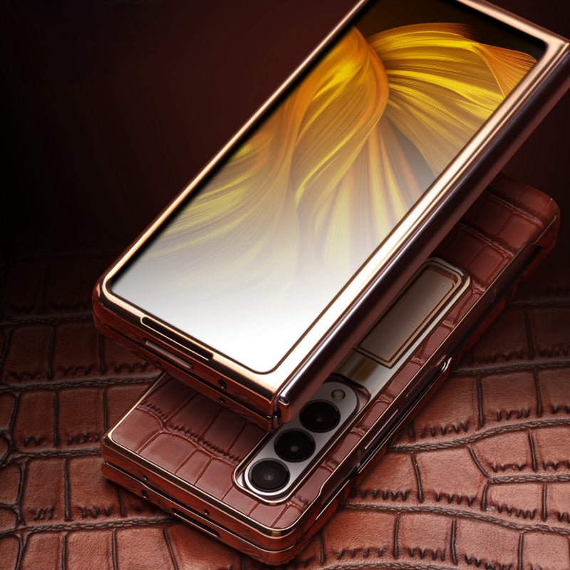 QIALINO For Samsung Galaxy Z Fold3 5G Crocodile Texture Genuine Leather + PC Kickstand Cover Electroplating Phone Case with Tempered Glass Screen Protector