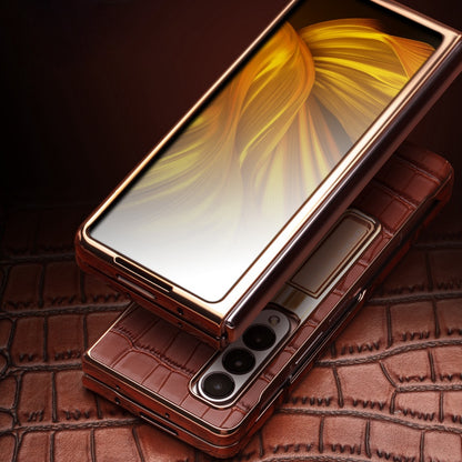 QIALINO For Samsung Galaxy Z Fold3 5G Crocodile Texture Genuine Leather + PC Kickstand Cover Electroplating Phone Case with Tempered Glass Screen Protector