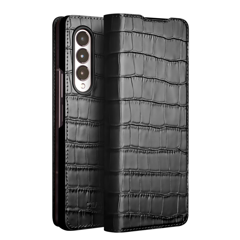 QIALINO for Samsung Galaxy Z Fold3 5G Crocodile Texture Genuine Cowhide Leather Auto-absorbed Magnetic Anti-fall Ultra-slim Phone Case