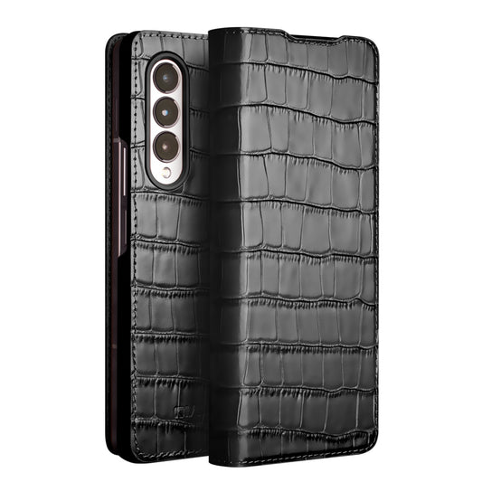 QIALINO for Samsung Galaxy Z Fold3 5G Crocodile Texture Genuine Cowhide Leather Auto-absorbed Magnetic Anti-fall Ultra-slim Phone Case