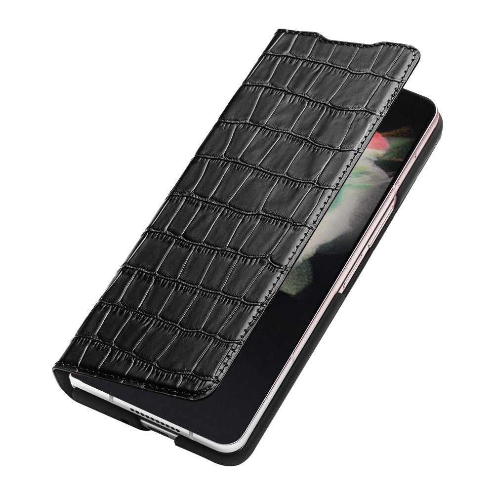 QIALINO for Samsung Galaxy Z Fold3 5G Crocodile Texture Genuine Cowhide Leather Auto-absorbed Magnetic Anti-fall Ultra-slim Phone Case