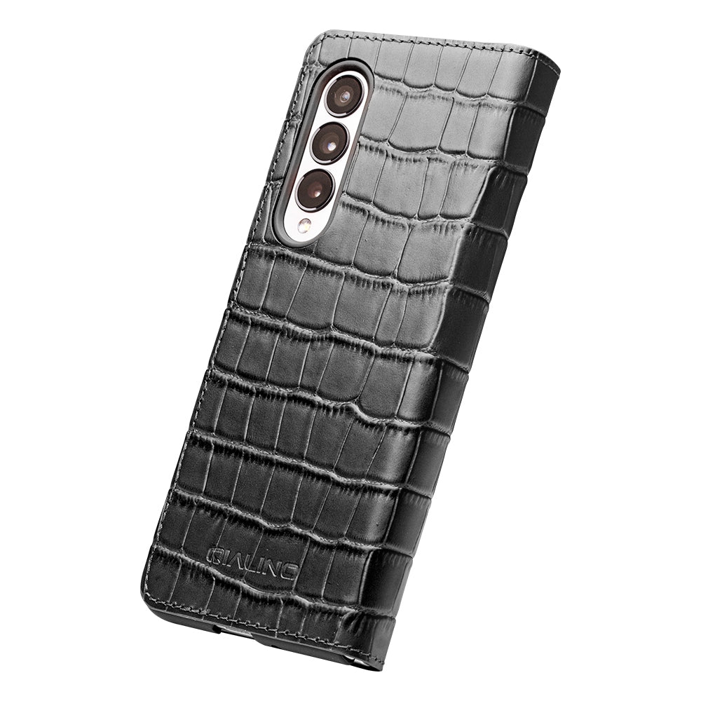 QIALINO for Samsung Galaxy Z Fold3 5G Crocodile Texture Genuine Cowhide Leather Auto-absorbed Magnetic Anti-fall Ultra-slim Phone Case