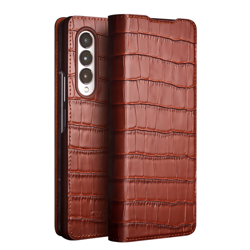 QIALINO for Samsung Galaxy Z Fold3 5G Crocodile Texture Genuine Cowhide Leather Auto-absorbed Magnetic Anti-fall Ultra-slim Phone Case