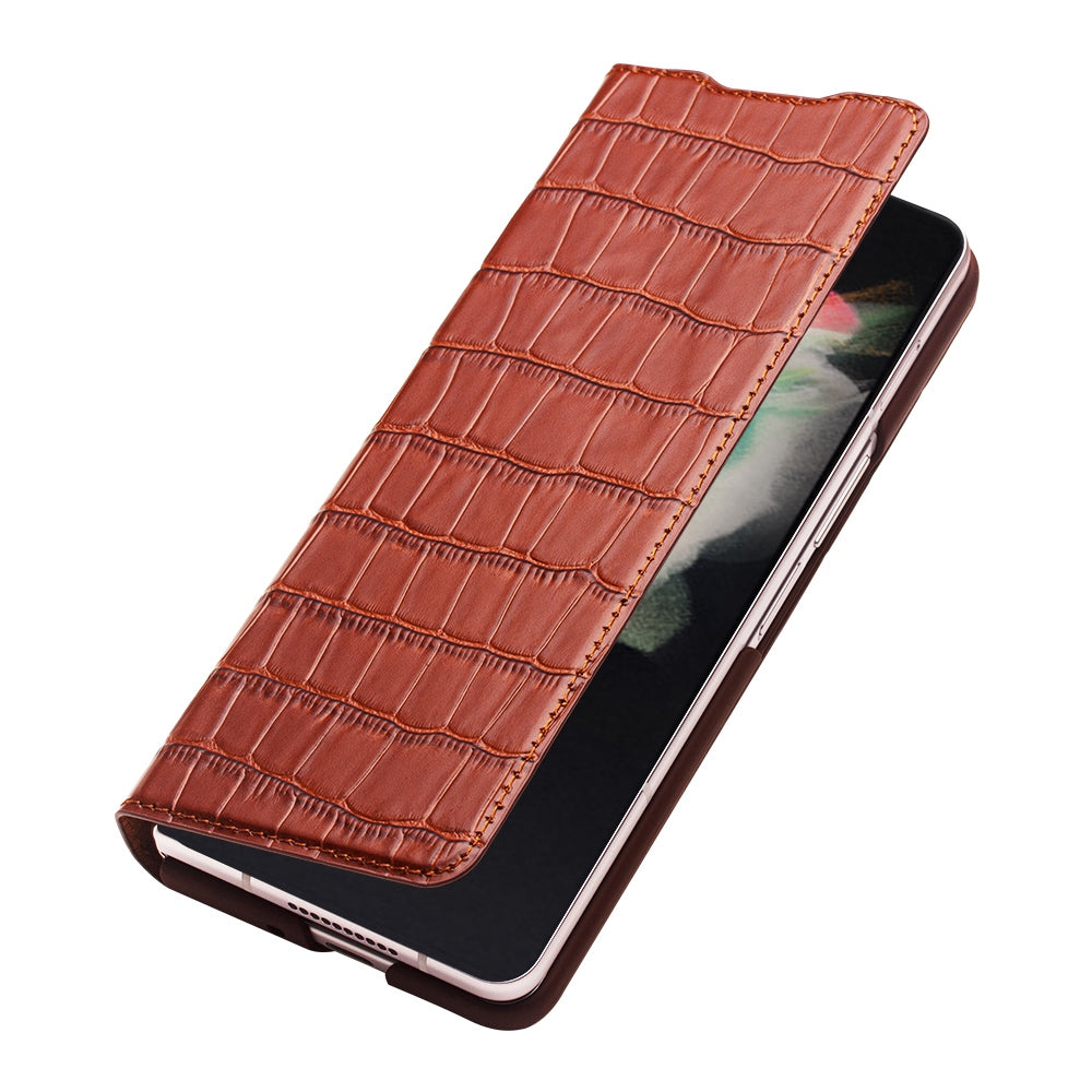 QIALINO for Samsung Galaxy Z Fold3 5G Crocodile Texture Genuine Cowhide Leather Auto-absorbed Magnetic Anti-fall Ultra-slim Phone Case