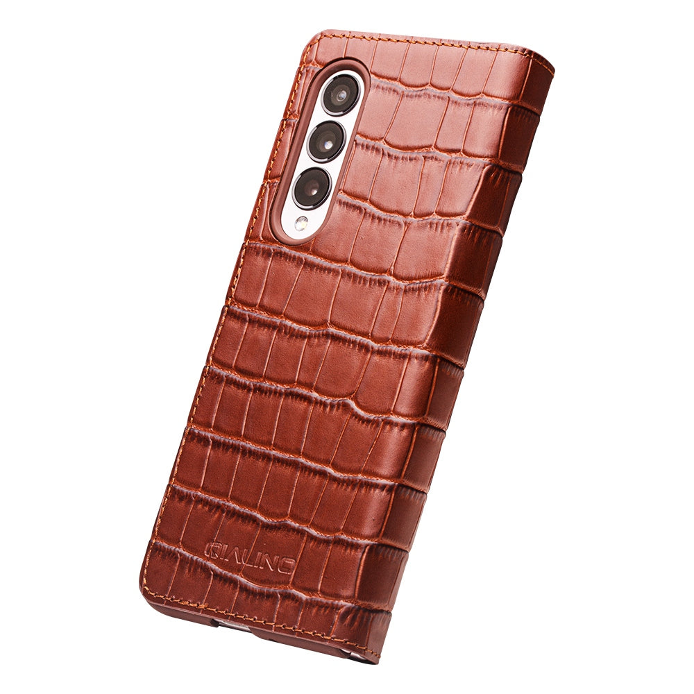 QIALINO for Samsung Galaxy Z Fold3 5G Crocodile Texture Genuine Cowhide Leather Auto-absorbed Magnetic Anti-fall Ultra-slim Phone Case