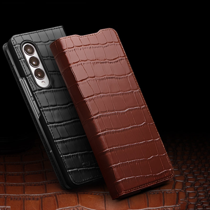 QIALINO for Samsung Galaxy Z Fold3 5G Crocodile Texture Genuine Cowhide Leather Auto-absorbed Magnetic Anti-fall Ultra-slim Phone Case