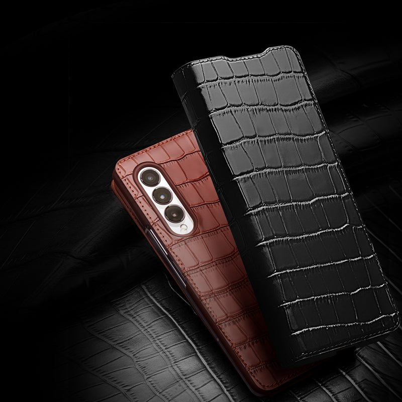 QIALINO for Samsung Galaxy Z Fold3 5G Crocodile Texture Genuine Cowhide Leather Auto-absorbed Magnetic Anti-fall Ultra-slim Phone Case