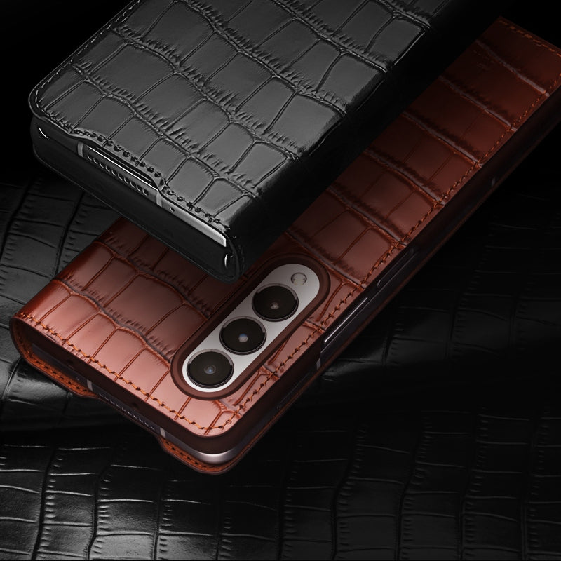 QIALINO for Samsung Galaxy Z Fold3 5G Crocodile Texture Genuine Cowhide Leather Auto-absorbed Magnetic Anti-fall Ultra-slim Phone Case