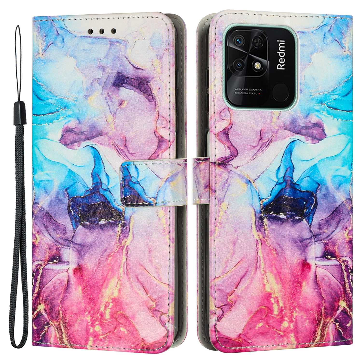 For Xiaomi Redmi 10C 4G / Redmi 10 (India) 4G PU Leather Magnetic Flip Case Marble Pattern Printing Stand Wallet Phone Cover with Strap