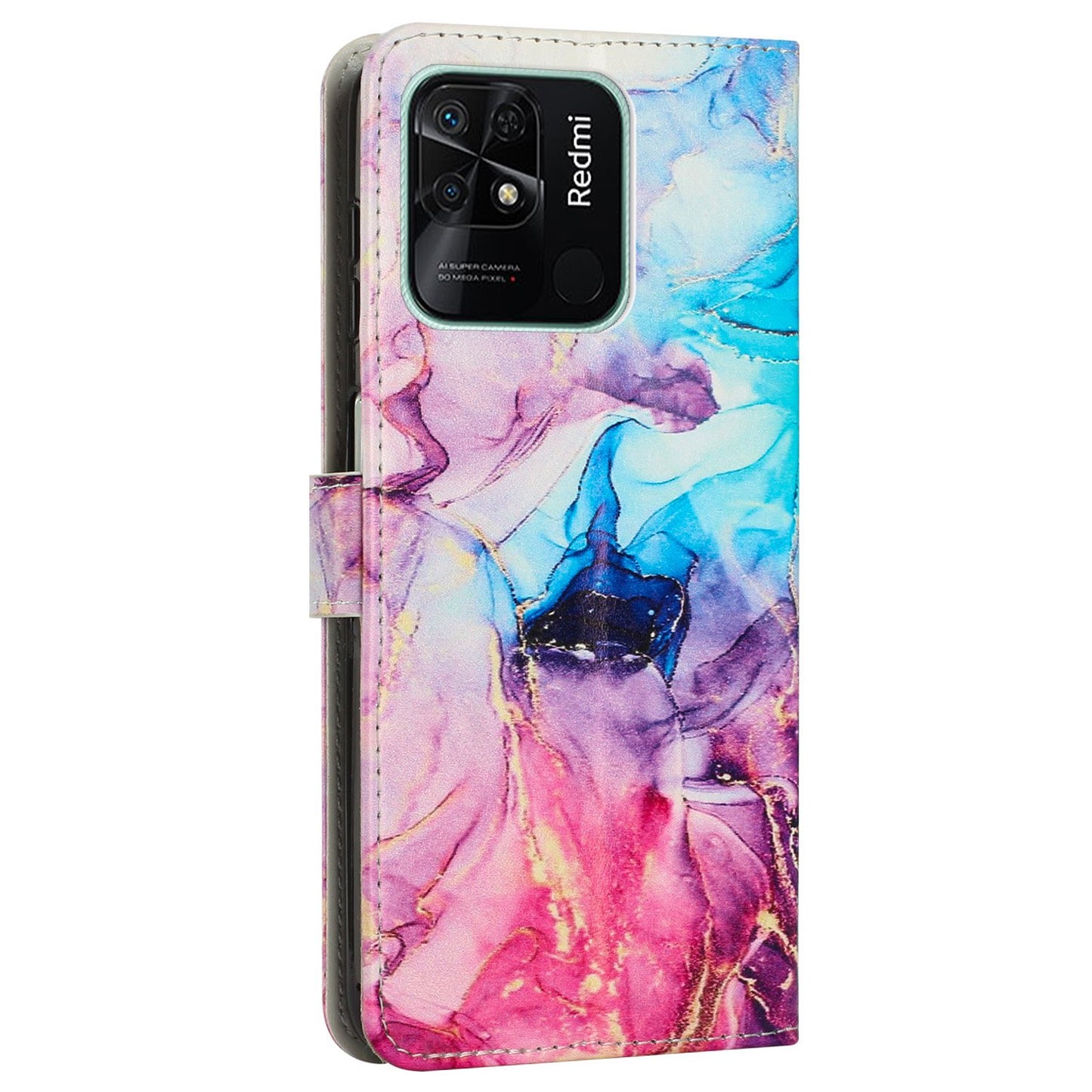 For Xiaomi Redmi 10C 4G / Redmi 10 (India) 4G PU Leather Magnetic Flip Case Marble Pattern Printing Stand Wallet Phone Cover with Strap