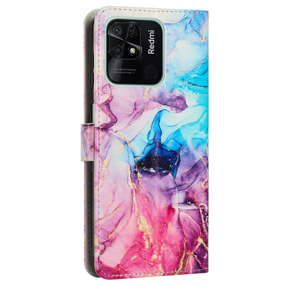 For Xiaomi Redmi 10C 4G / Redmi 10 (India) 4G PU Leather Magnetic Flip Case Marble Pattern Printing Stand Wallet Phone Cover with Strap
