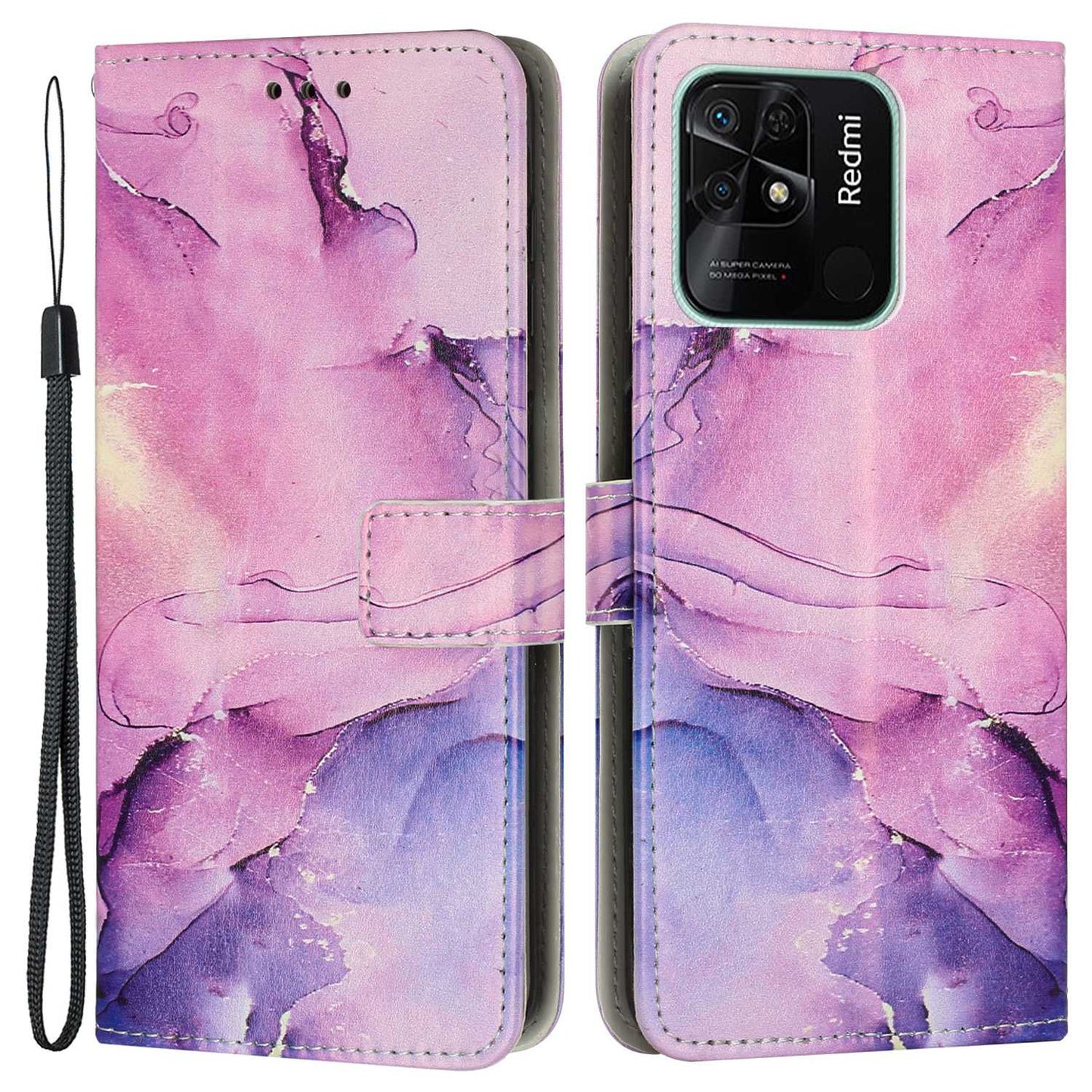 For Xiaomi Redmi 10C 4G / Redmi 10 (India) 4G PU Leather Magnetic Flip Case Marble Pattern Printing Stand Wallet Phone Cover with Strap