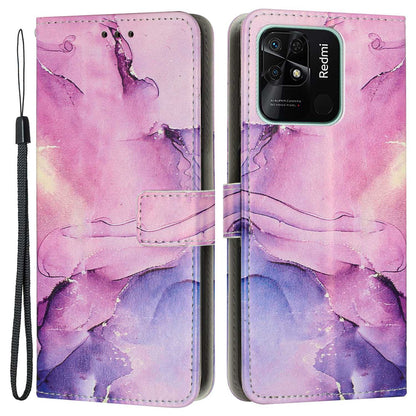 For Xiaomi Redmi 10C 4G / Redmi 10 (India) 4G PU Leather Magnetic Flip Case Marble Pattern Printing Stand Wallet Phone Cover with Strap