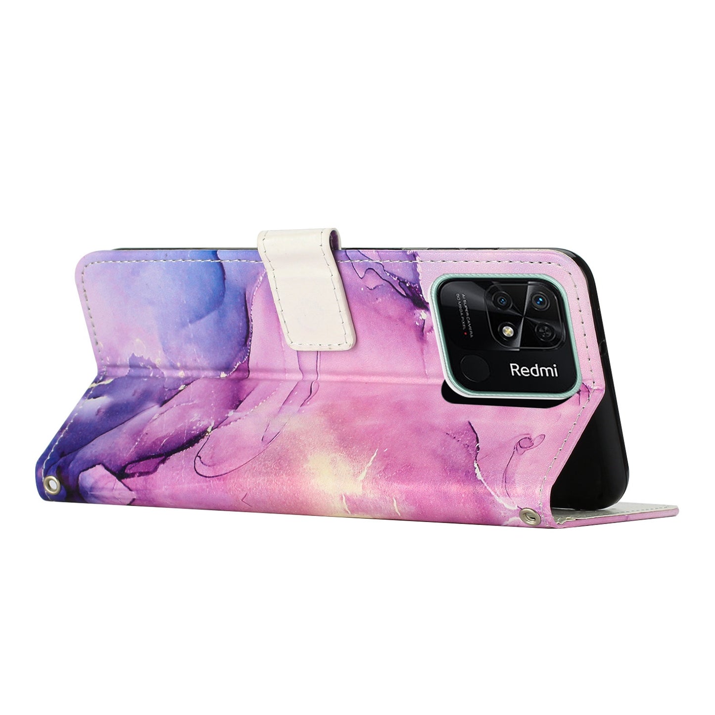 For Xiaomi Redmi 10C 4G / Redmi 10 (India) 4G PU Leather Magnetic Flip Case Marble Pattern Printing Stand Wallet Phone Cover with Strap