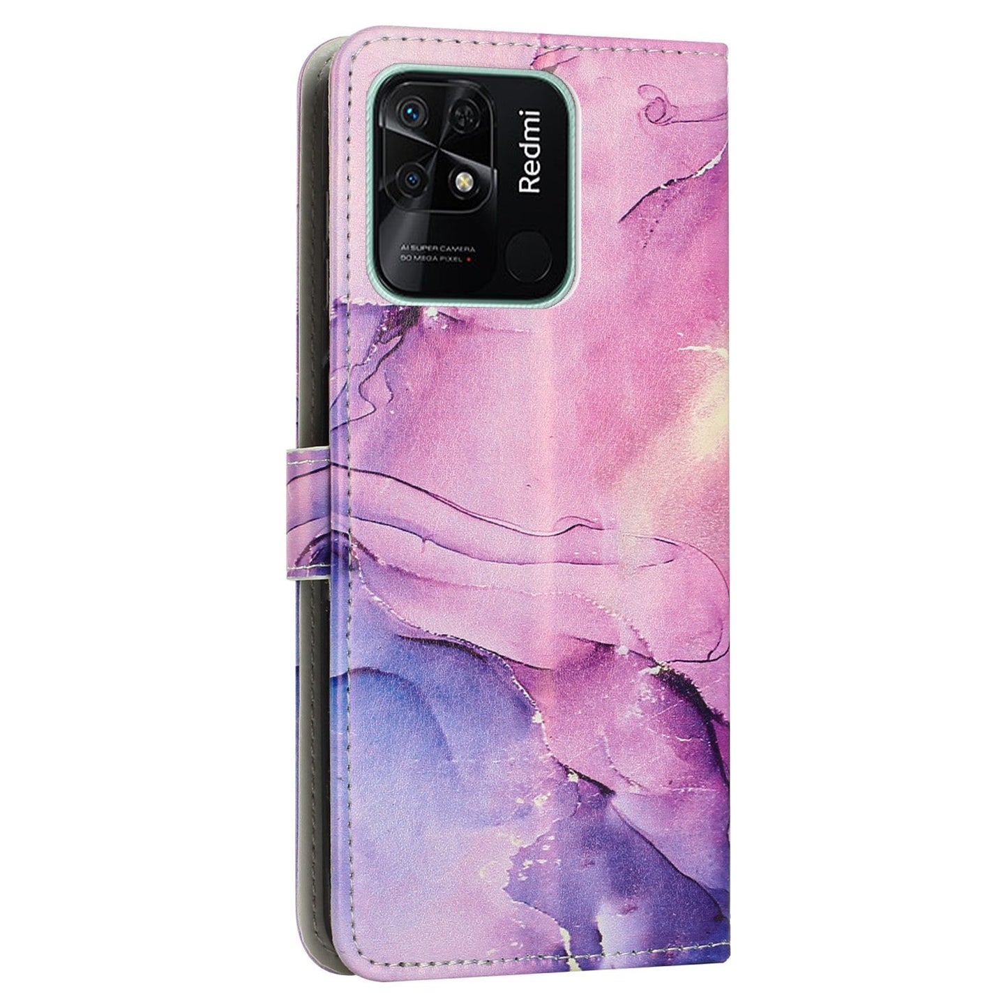 For Xiaomi Redmi 10C 4G / Redmi 10 (India) 4G PU Leather Magnetic Flip Case Marble Pattern Printing Stand Wallet Phone Cover with Strap