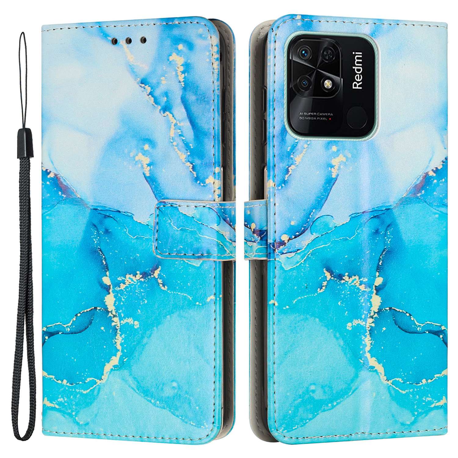 For Xiaomi Redmi 10C 4G / Redmi 10 (India) 4G PU Leather Magnetic Flip Case Marble Pattern Printing Stand Wallet Phone Cover with Strap
