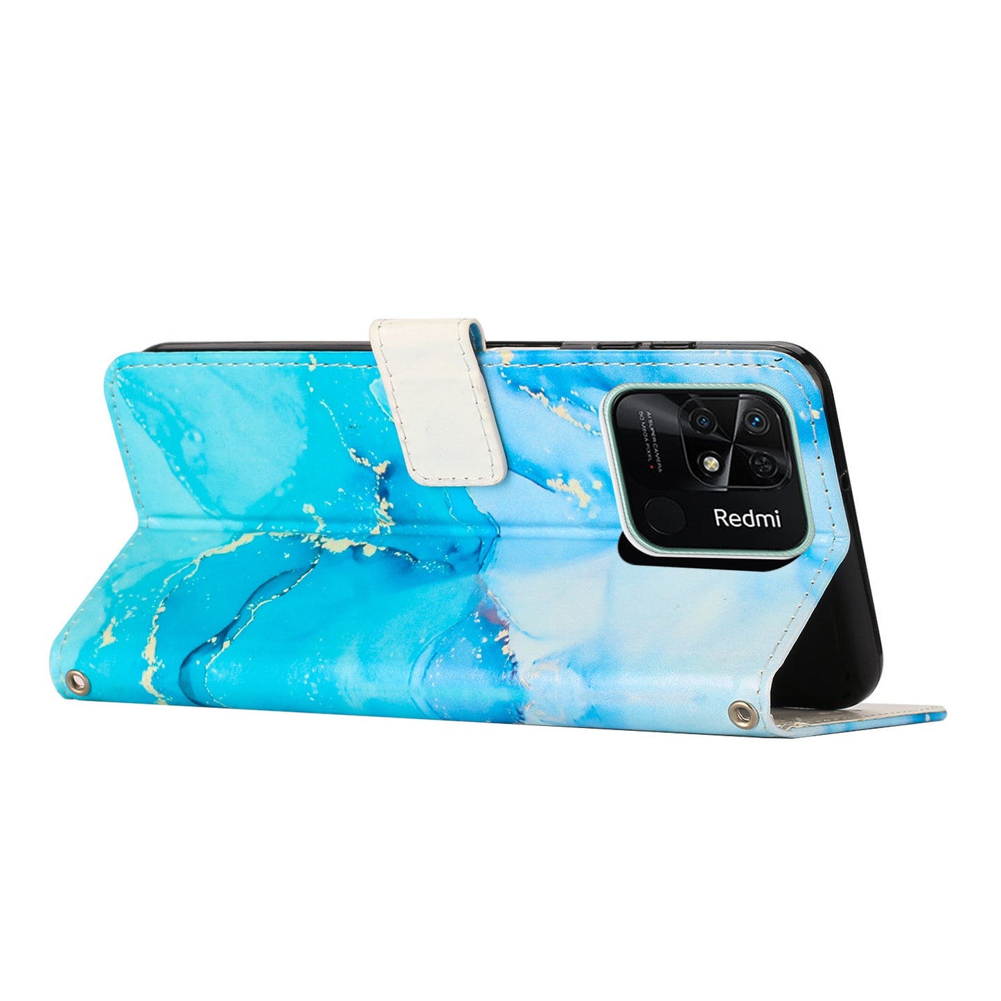 For Xiaomi Redmi 10C 4G / Redmi 10 (India) 4G PU Leather Magnetic Flip Case Marble Pattern Printing Stand Wallet Phone Cover with Strap